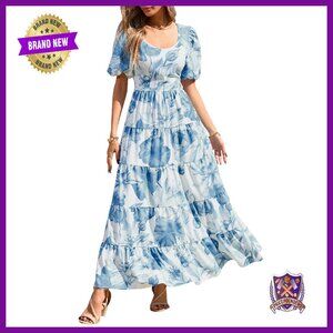 Puff Sleeve Smocked Maxi Dress Tiered Hem Flowy Wedding Guest
